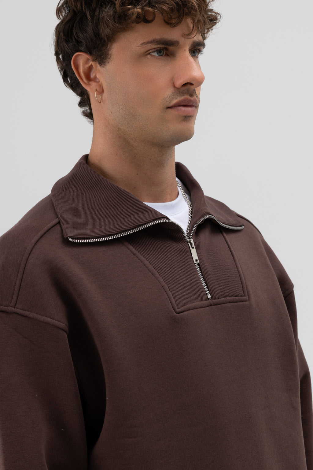 Basic Fermuarlı Dik Yaka Sweatshirt Kahve