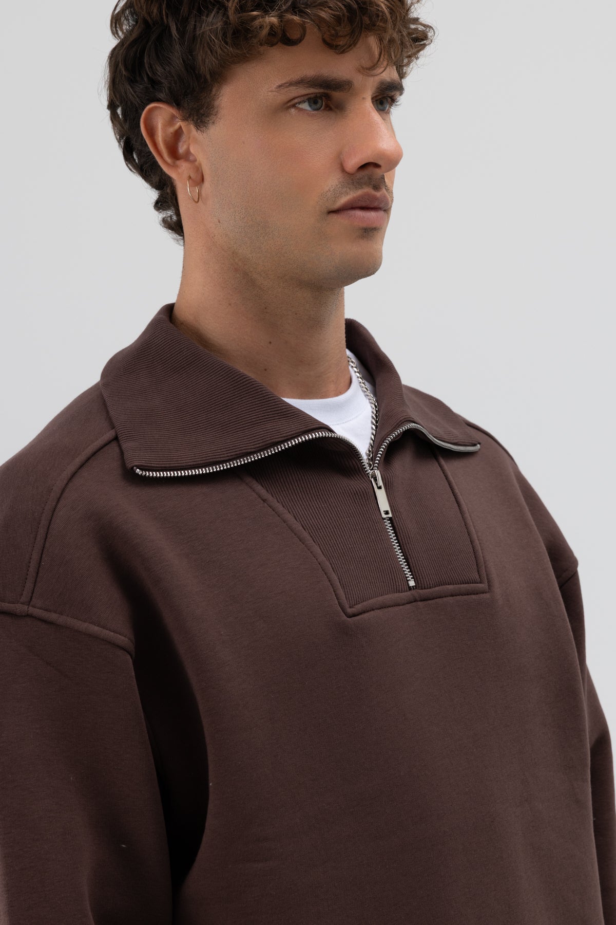 Basic Fermuarlı Dik Yaka Sweatshirt Kahve