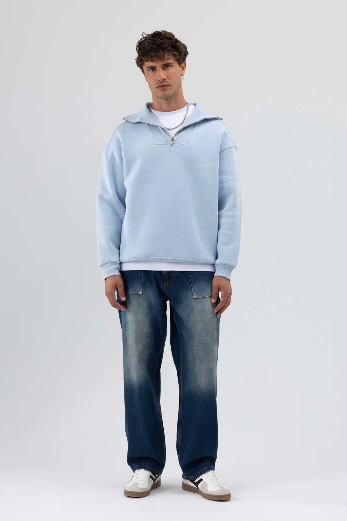 Basic Fermuarlı Dik Yaka Sweatshirt Bebe Mavi