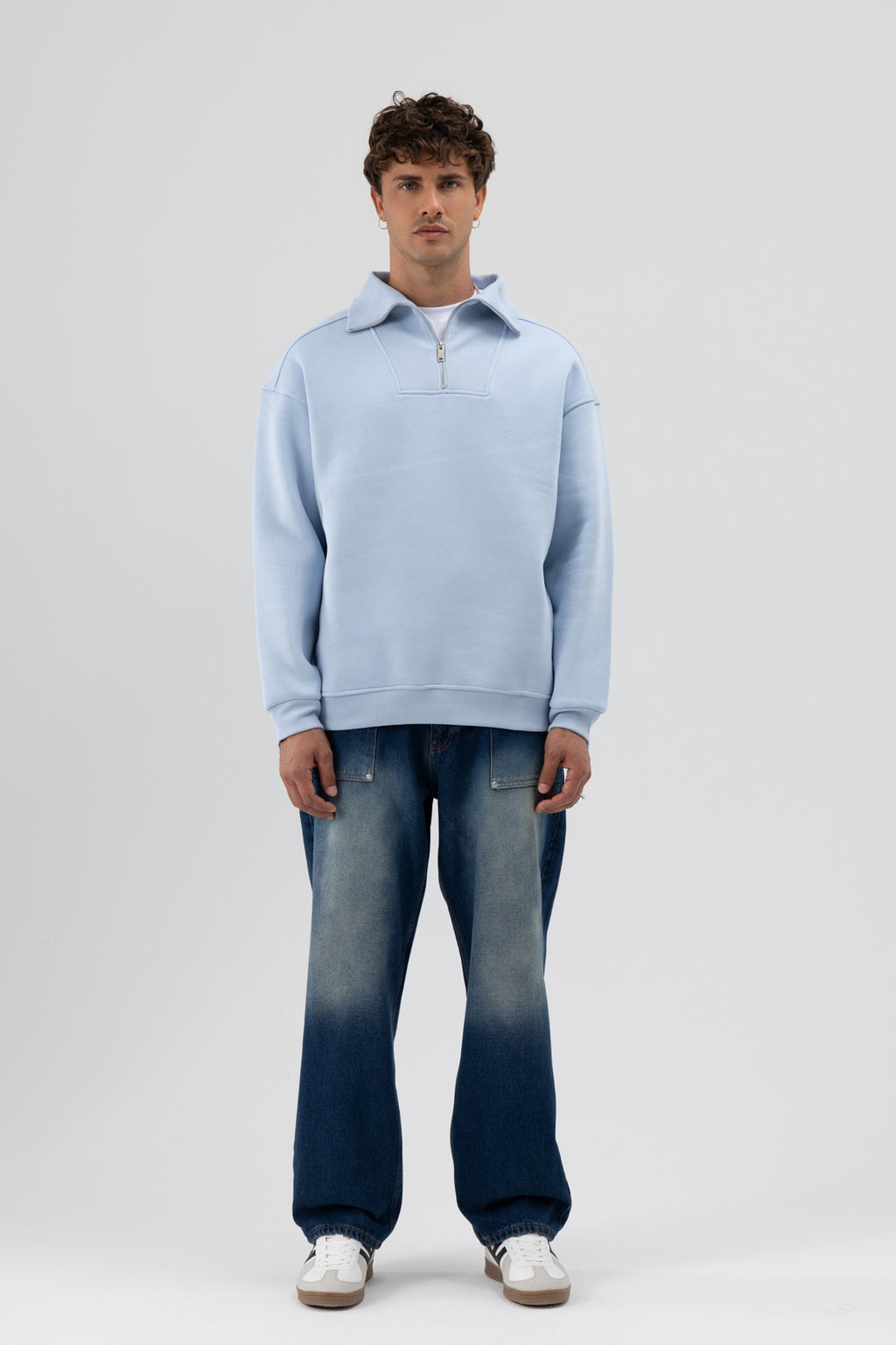 Basic Fermuarlı Dik Yaka Sweatshirt Bebe Mavi