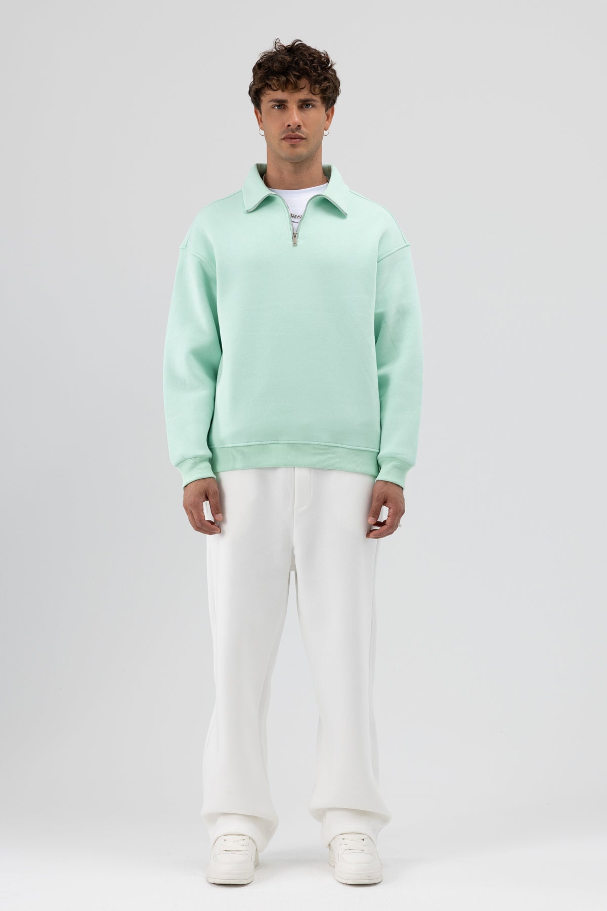 Oversize Fermuarlı Dik Yaka Sweatshirt Mint
