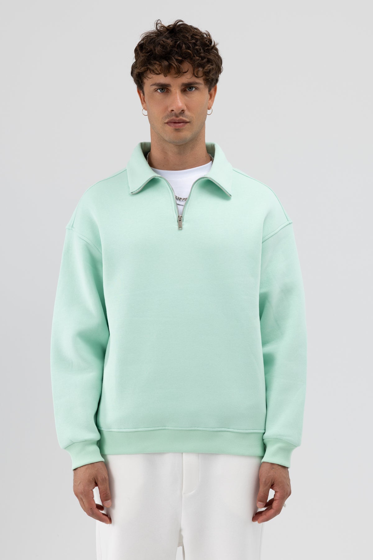 Oversize Fermuarlı Dik Yaka Sweatshirt Mint