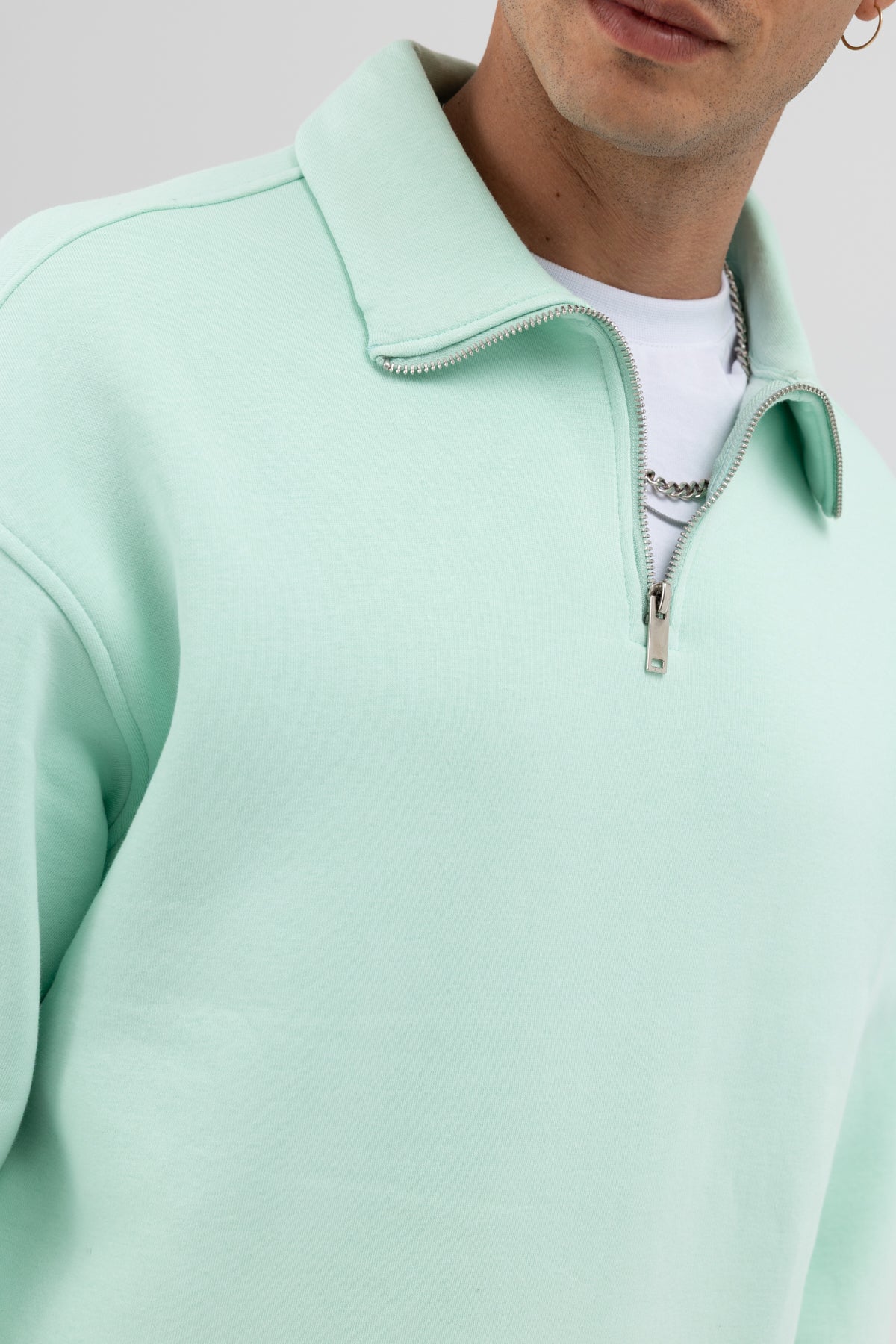 Oversize Fermuarlı Dik Yaka Sweatshirt Mint