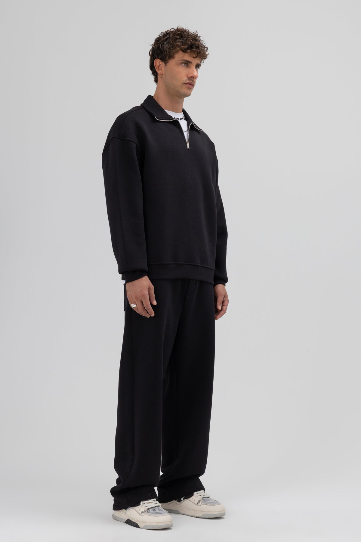Oversize Fermuarlı Dik Yaka Sweatshirt Siyah