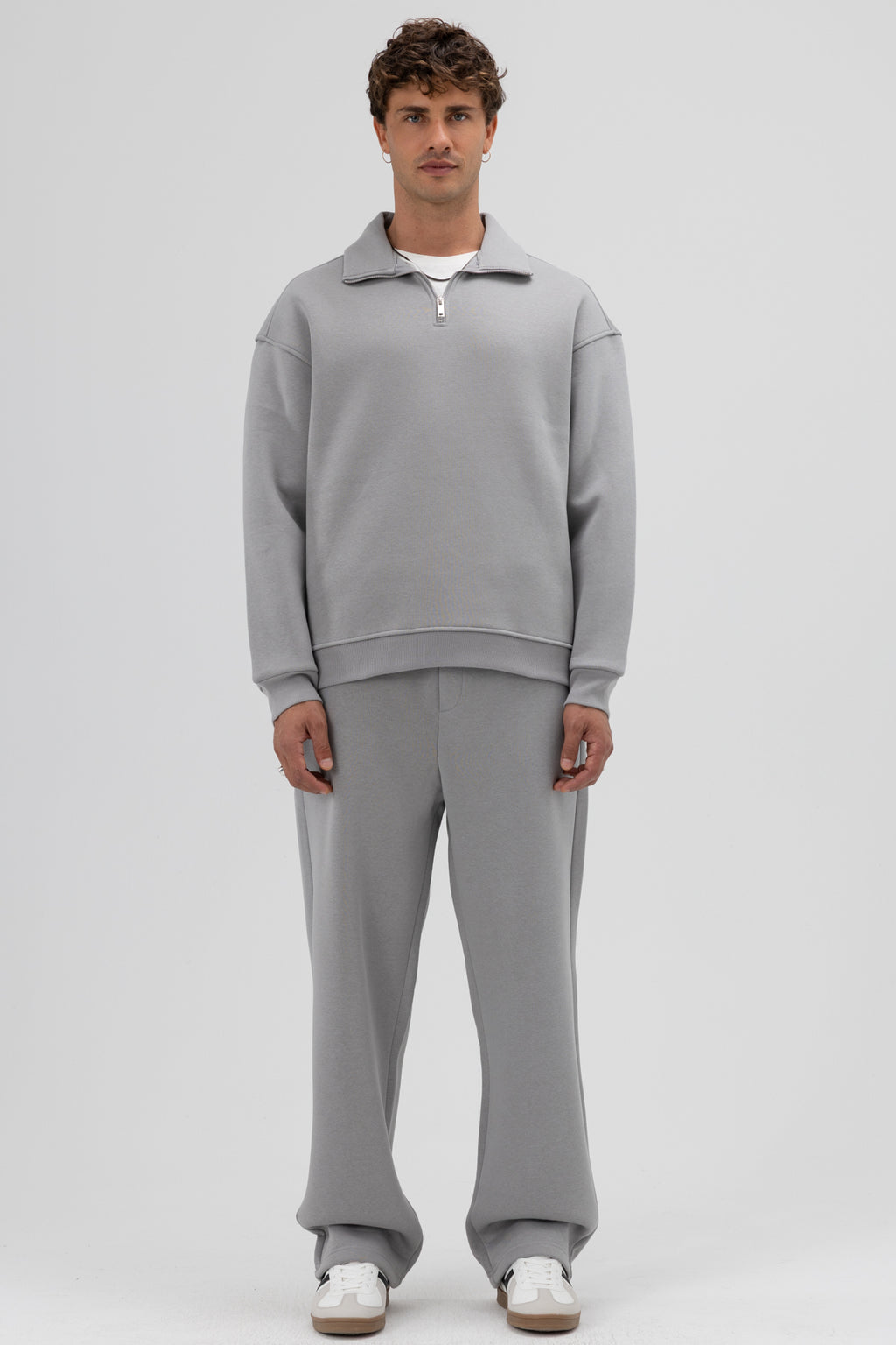 Oversize Fermuarlı Dik Yaka Sweatshirt Gri