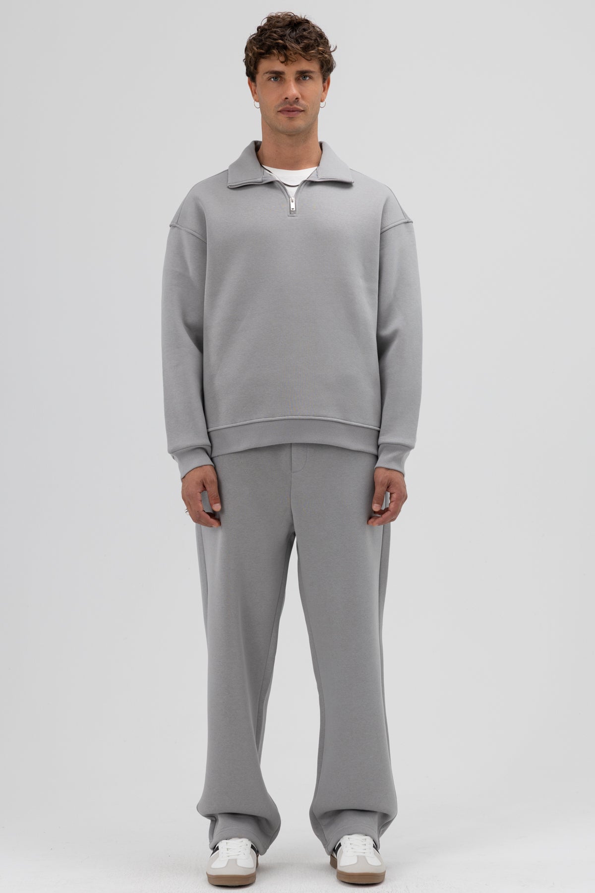 Oversize Fermuarlı Dik Yaka Sweatshirt Gri