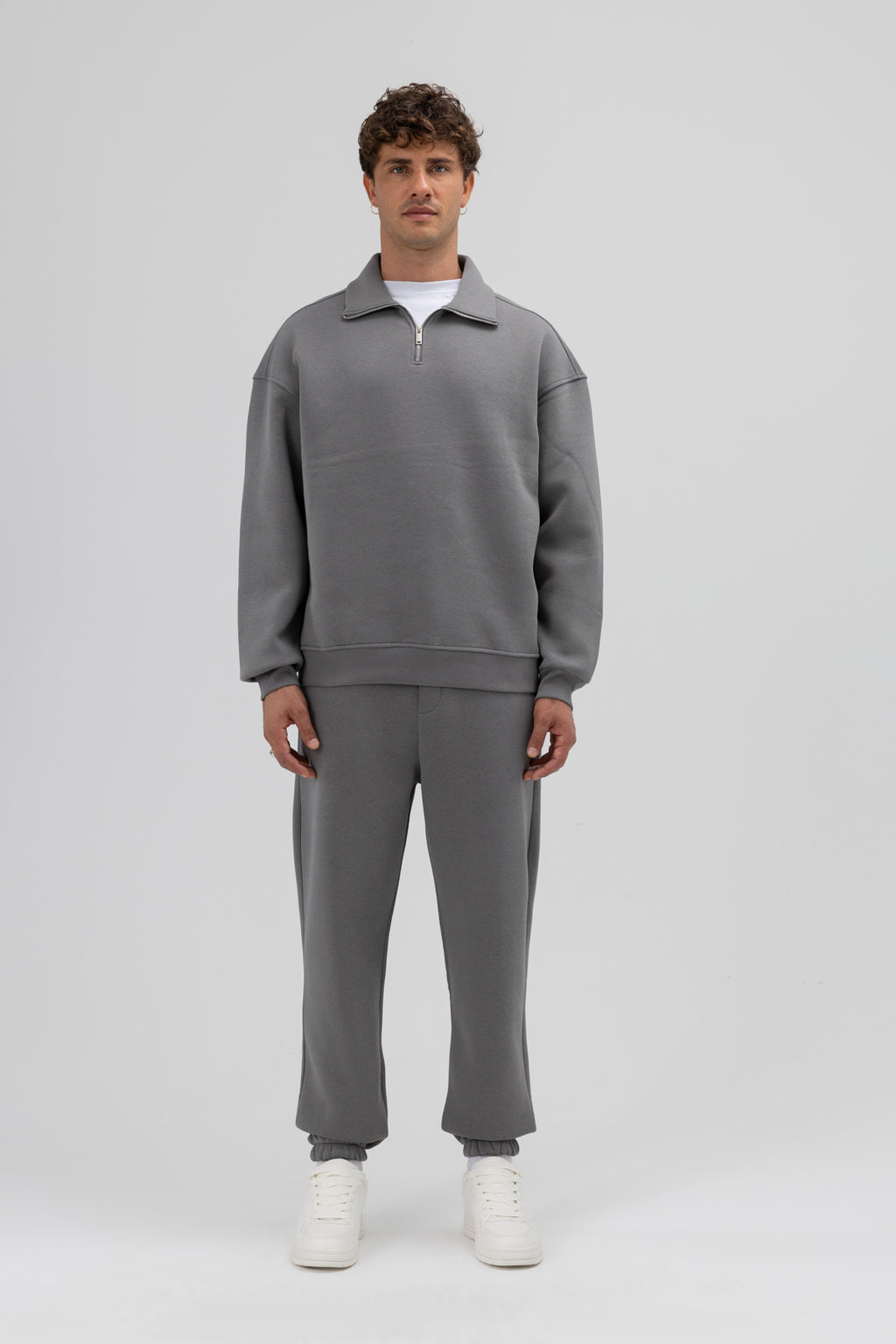 Oversize Fermuarlı Dik Yaka Sweatshirt Füme