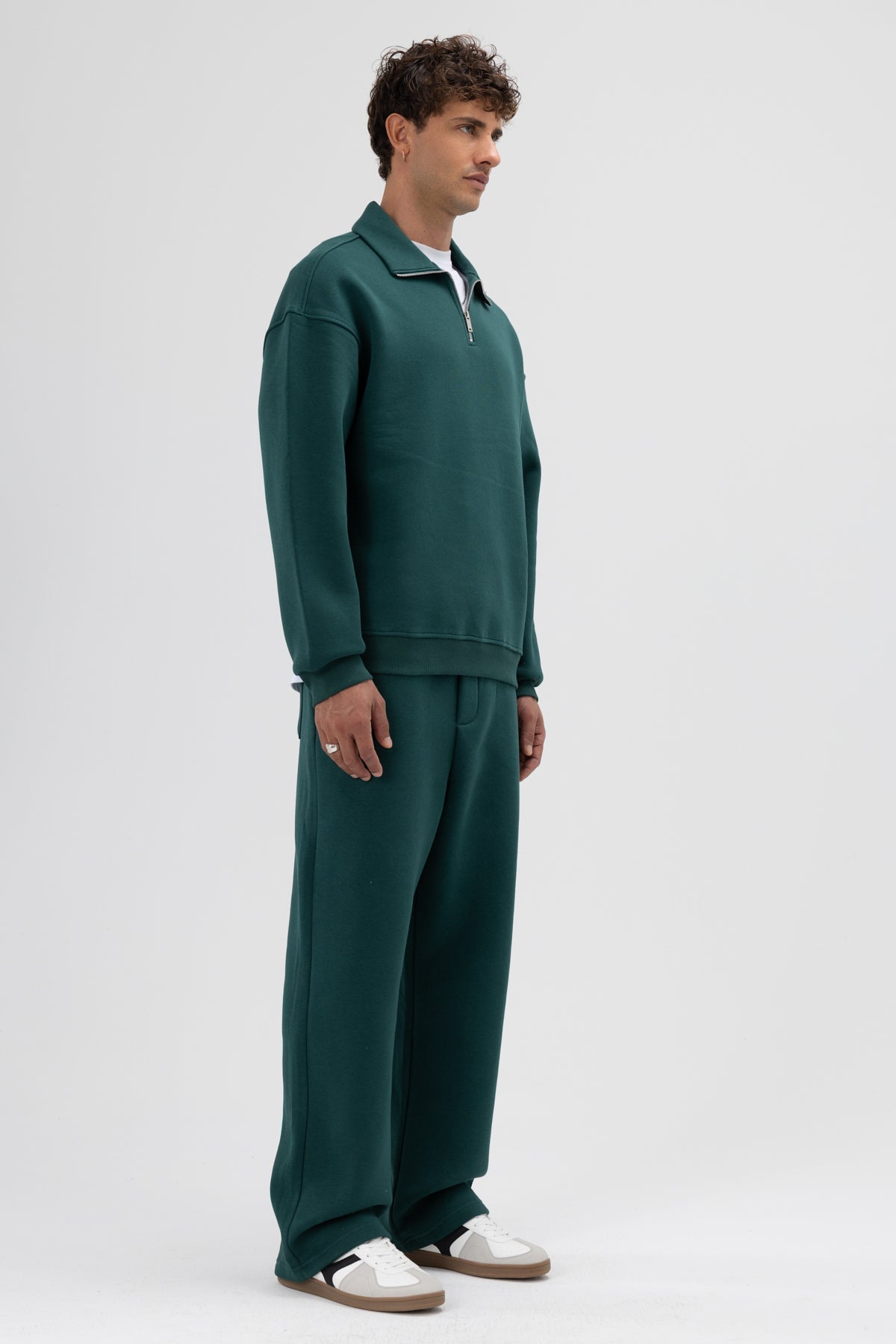 Oversize Fermuarlı Dik Yaka Sweatshirt Nefti