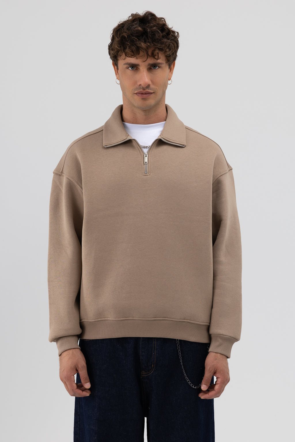 Oversize Fermuarlı Dik Yaka Sweatshirt Vizon