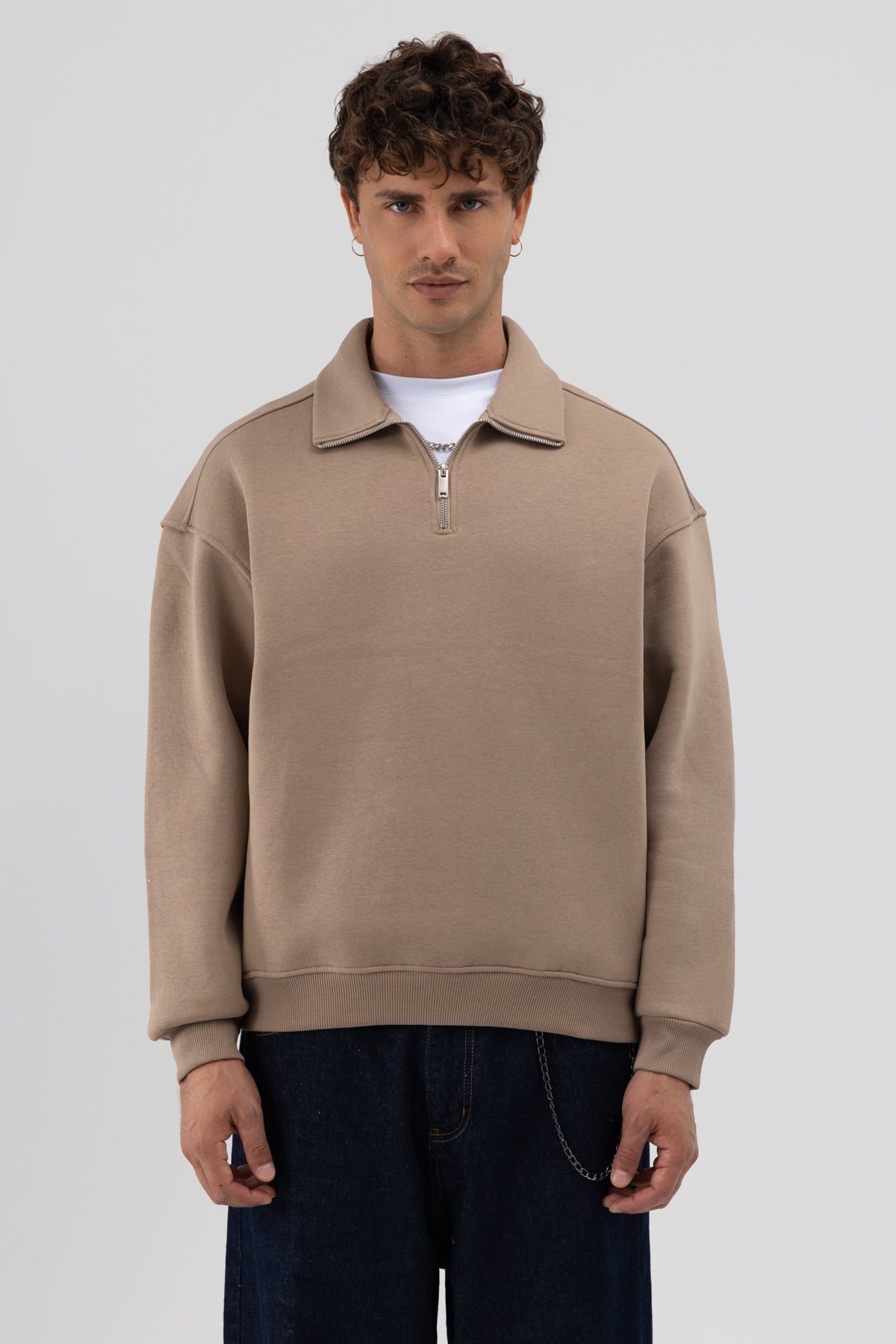 Oversize Fermuarlı Dik Yaka Sweatshirt Vizon