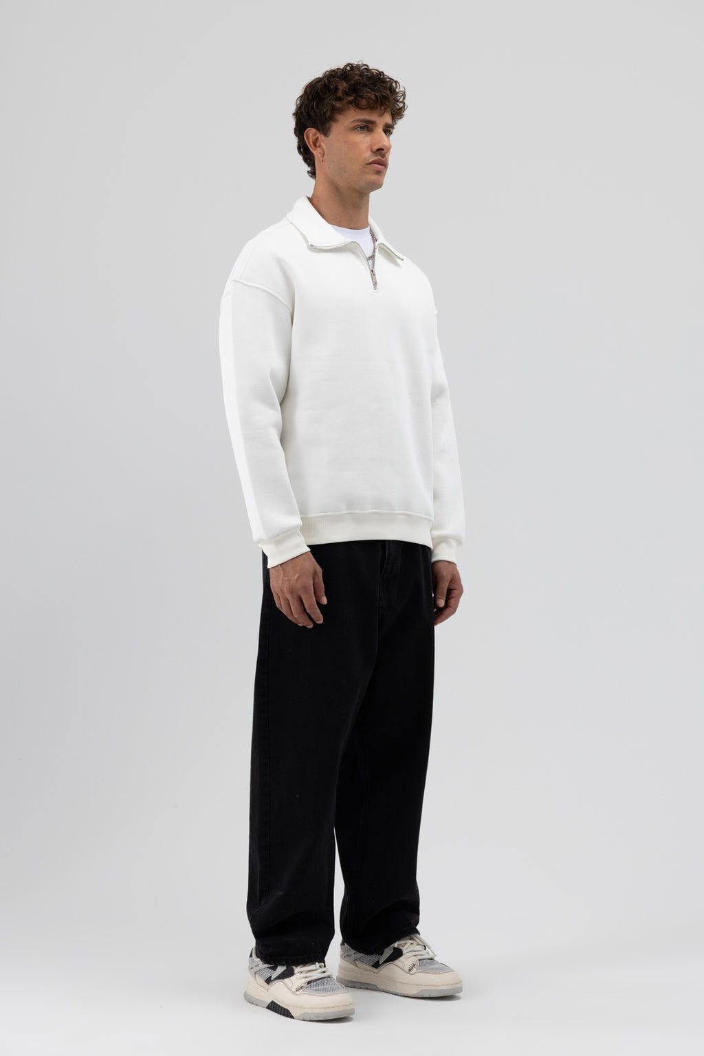 Oversize Fermuarlı Dik Yaka Sweatshirt Ekru