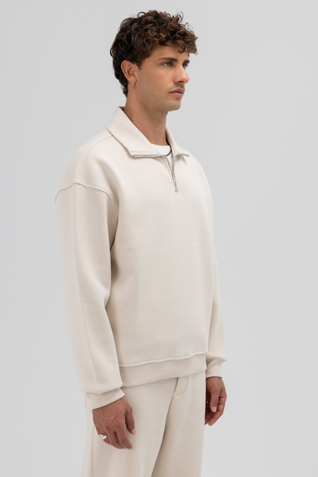 Oversize Fermuarlı Dik Yaka Sweatshirt Taş