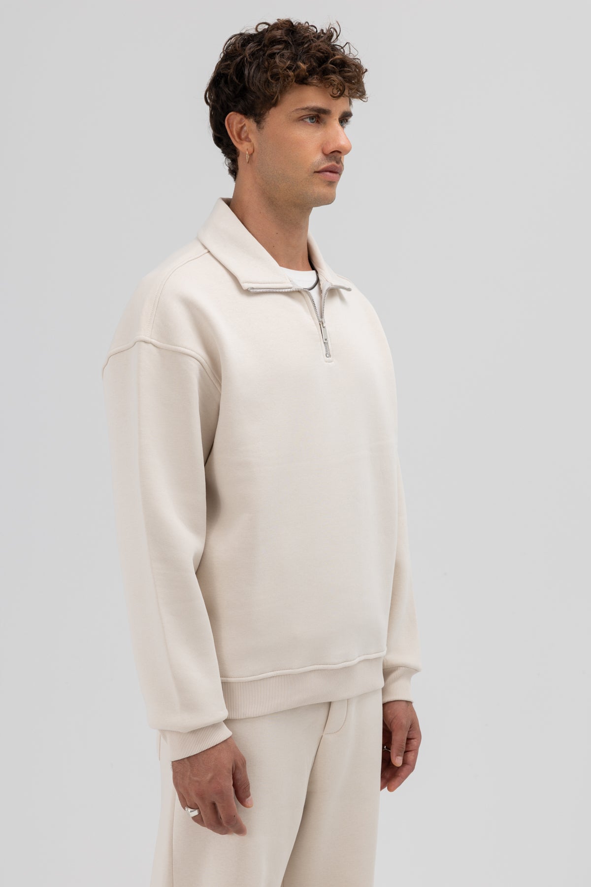 Oversize Fermuarlı Dik Yaka Sweatshirt Taş