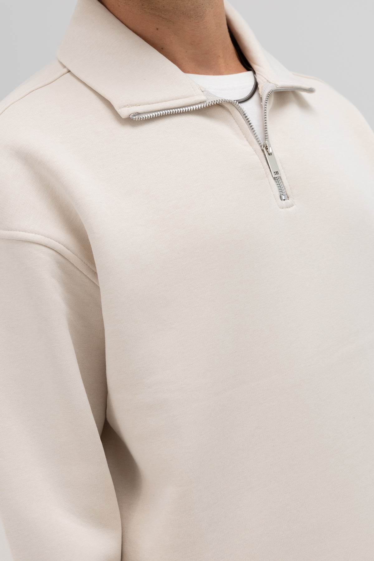 Oversize Fermuarlı Dik Yaka Sweatshirt Taş
