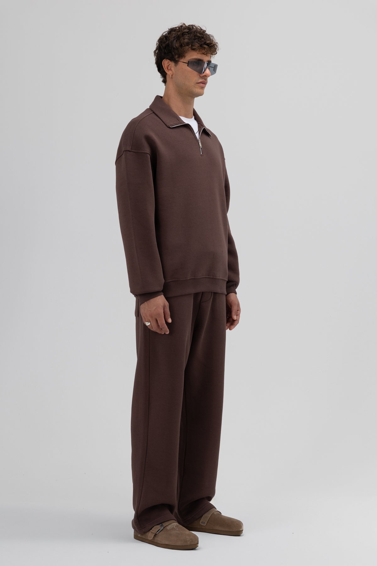Oversize Fermuarlı Dik Yaka Sweatshirt Kahve
