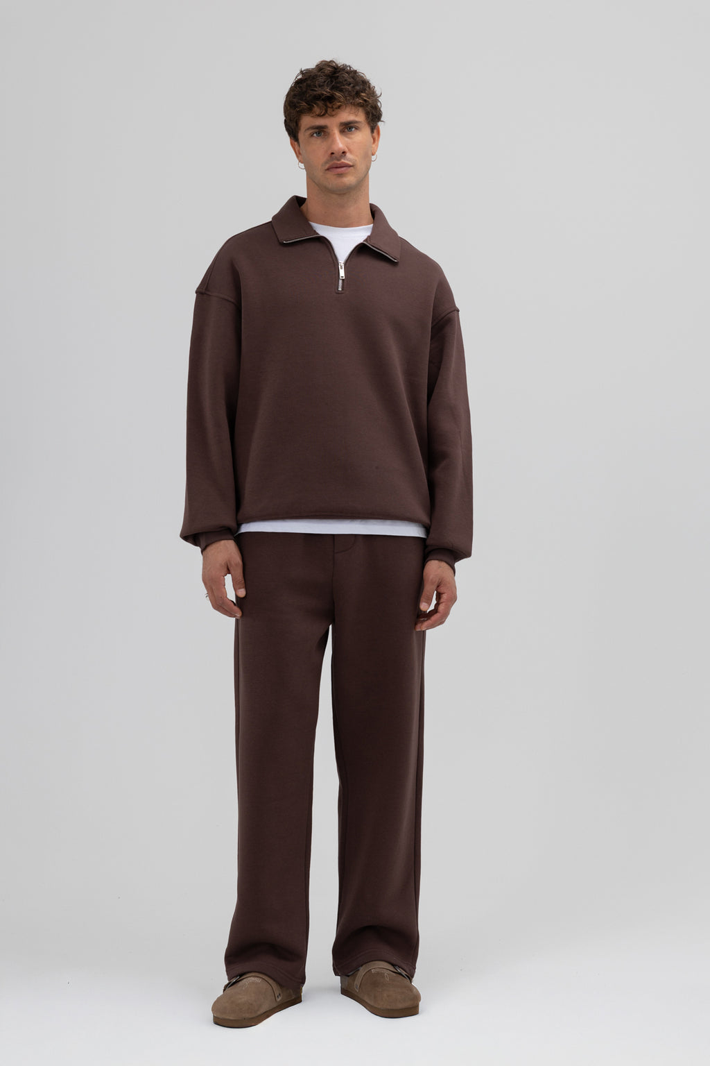 Oversize Fermuarlı Dik Yaka Sweatshirt Kahve