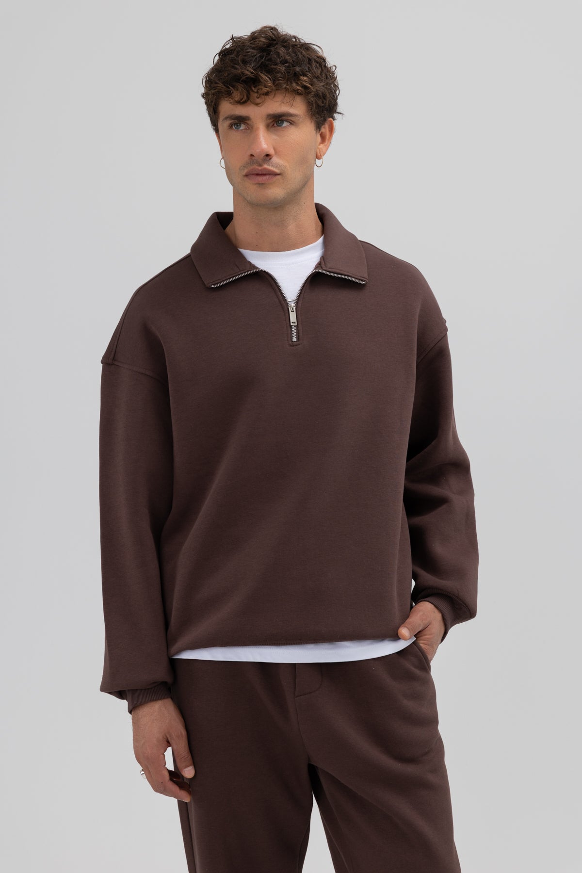 Oversize Fermuarlı Dik Yaka Sweatshirt Kahve