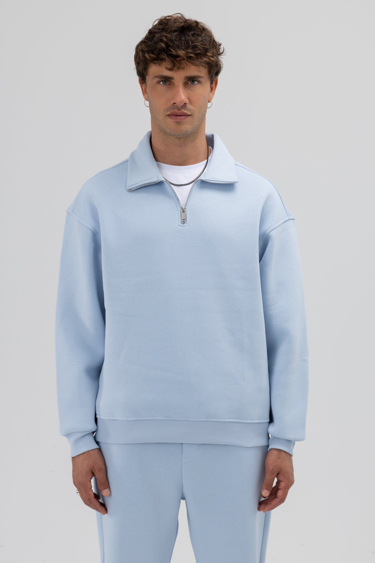 Oversize Fermuarlı Dik Yaka Sweatshirt Bebe Mavi