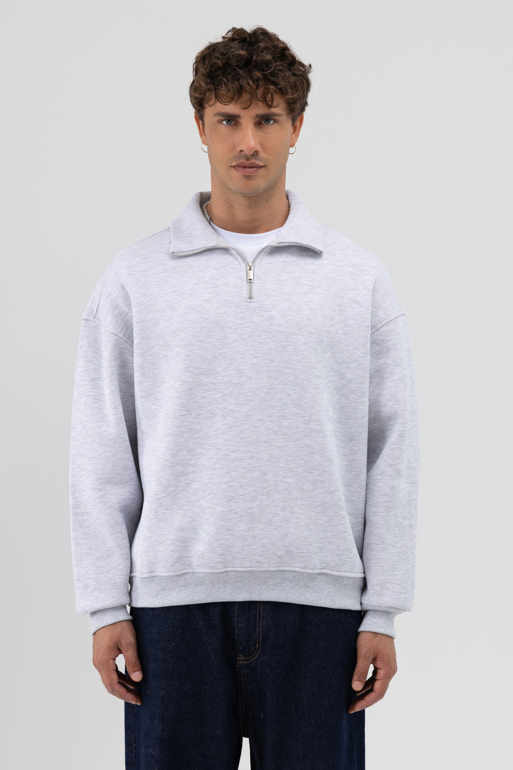 Oversize Fermuarlı Dik Yaka Sweatshirt Kar Melanj