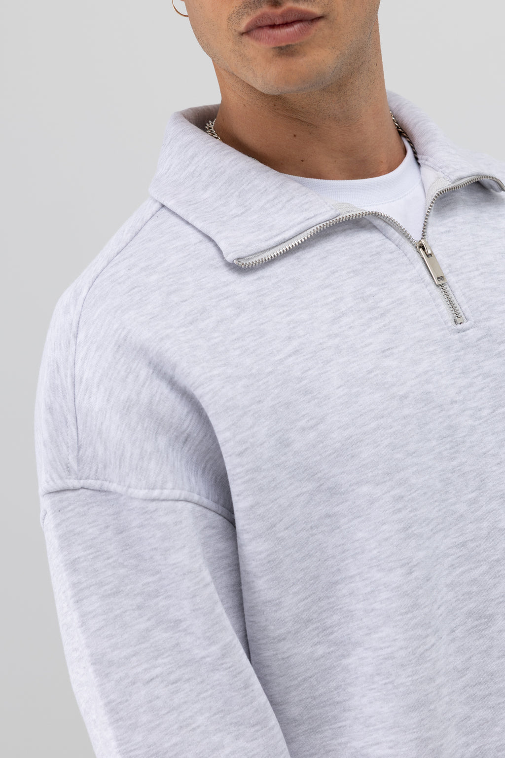 Oversize Fermuarlı Dik Yaka Sweatshirt Kar Melanj