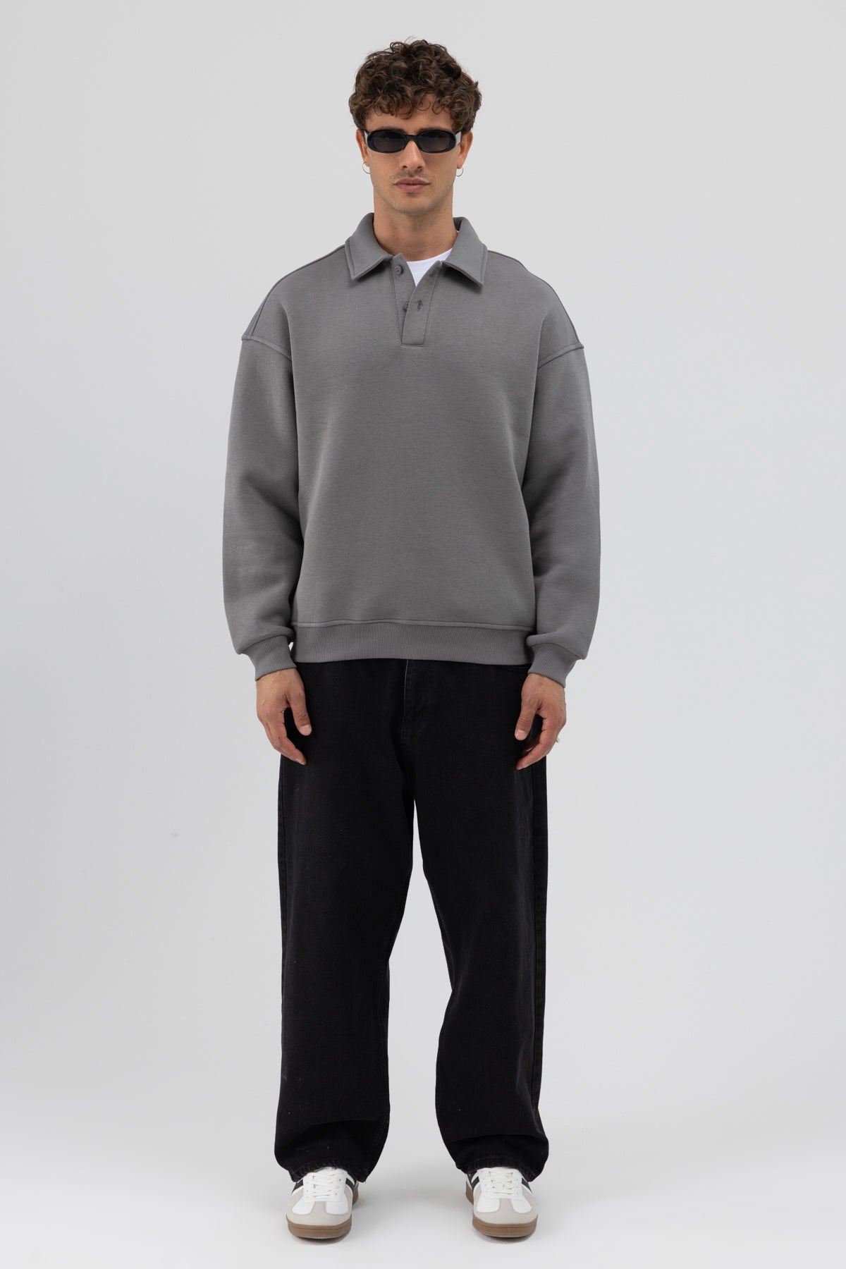 Basic Polo Yaka Sweatshirt Füme