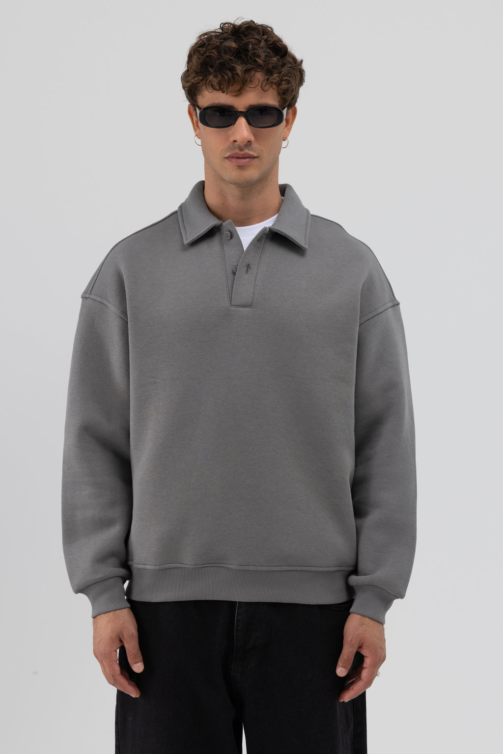 Basic Polo Yaka Sweatshirt Füme