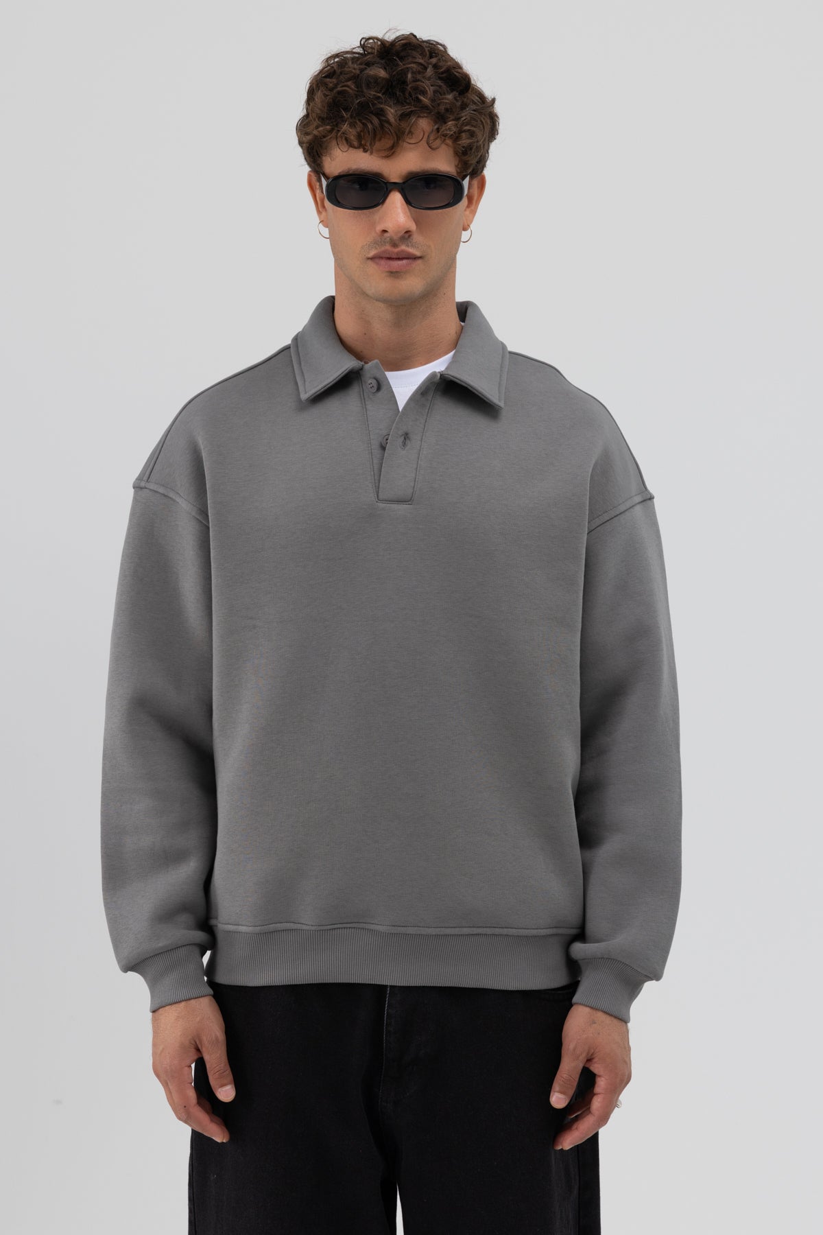 Basic Polo Yaka Sweatshirt Füme