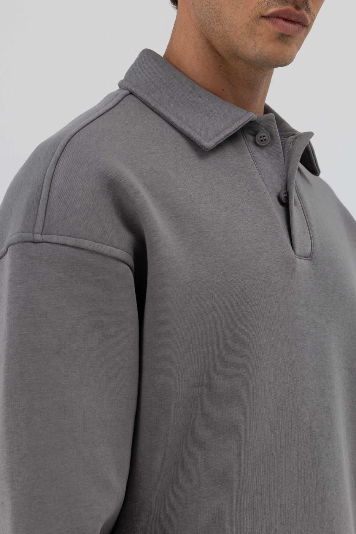 Basic Polo Yaka Sweatshirt Füme