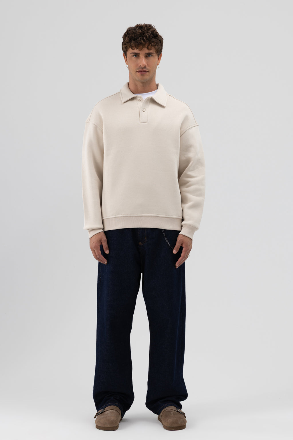 Basic Polo Yaka Sweatshirt Taş