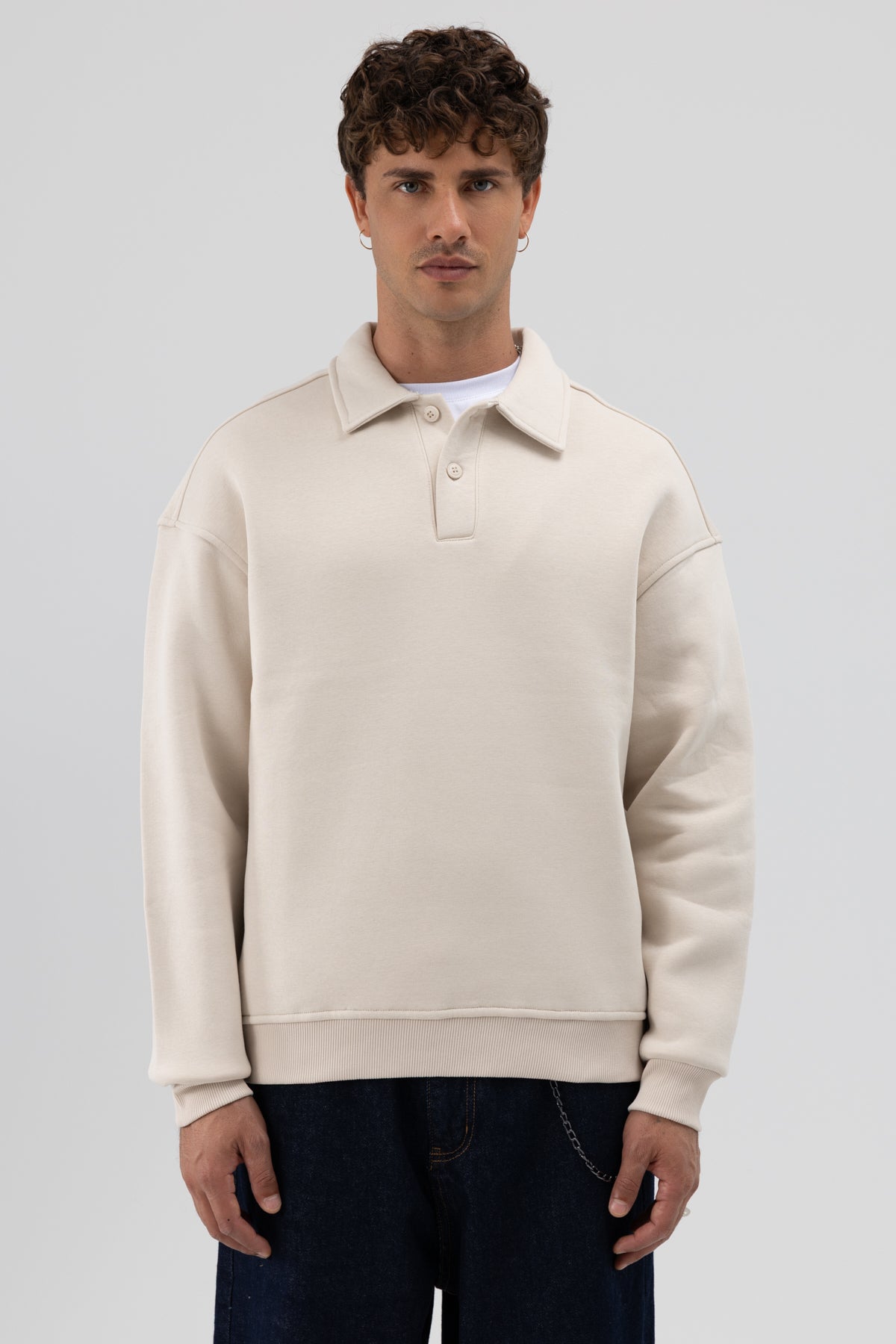 Basic Polo Yaka Sweatshirt Taş