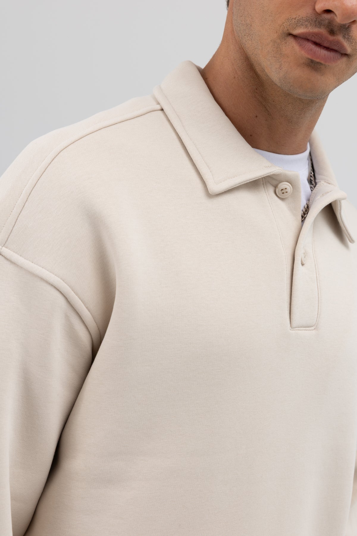 Basic Polo Yaka Sweatshirt Taş