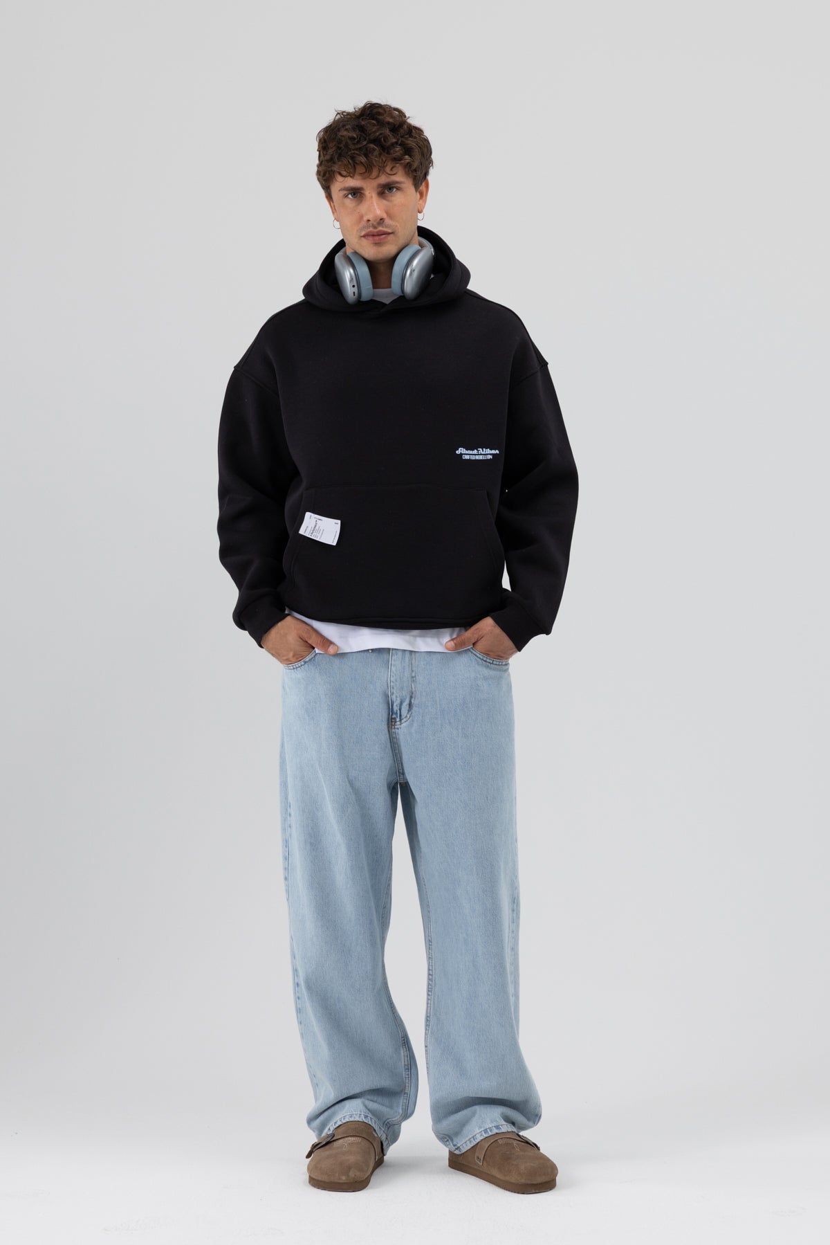 Oversize Kapüşonlu Baskılı Sweatshirt Siyah
