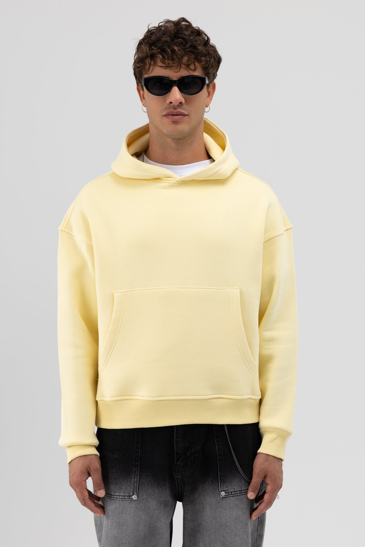 Basic Kapüşonlu Boxy Fit Sweatshirt Sarı