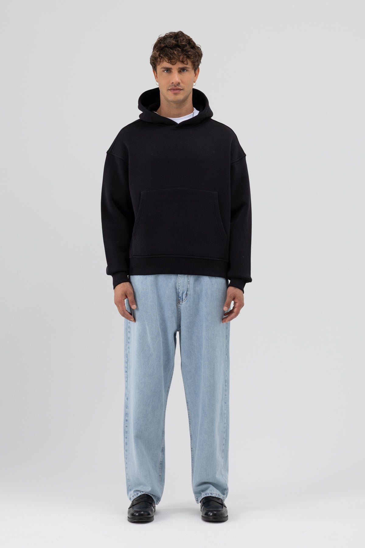 Basic Kapüşonlu Boxy Fit Sweatshirt Siyah