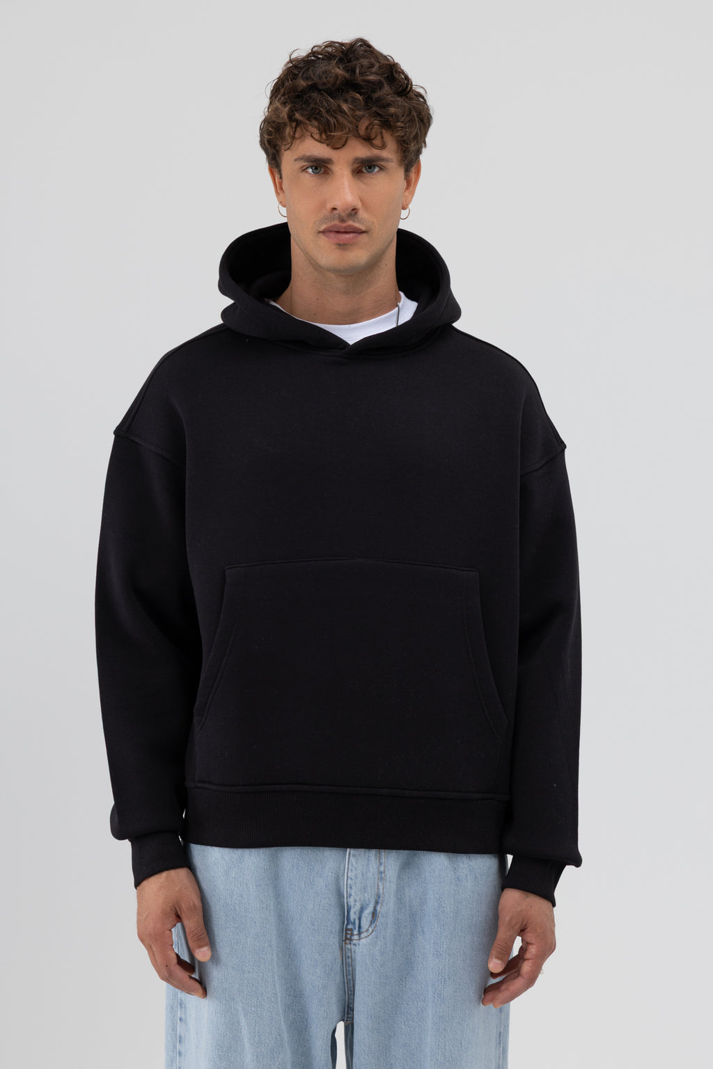 Basic Kapüşonlu Boxy Fit Sweatshirt Siyah