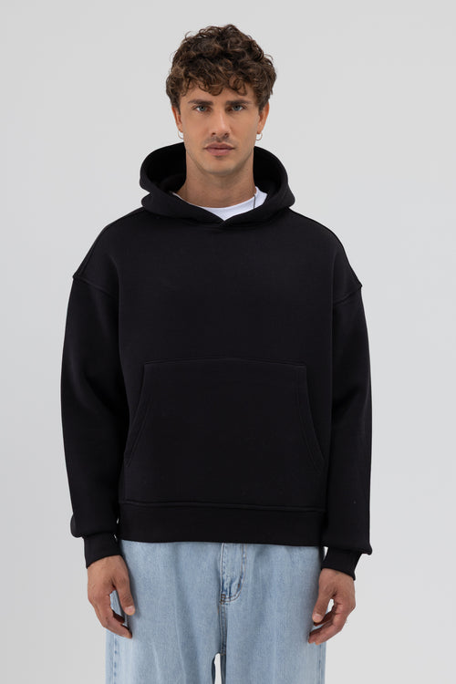 Basic Kapüşonlu Boxy Fit Sweatshirt Siyah
