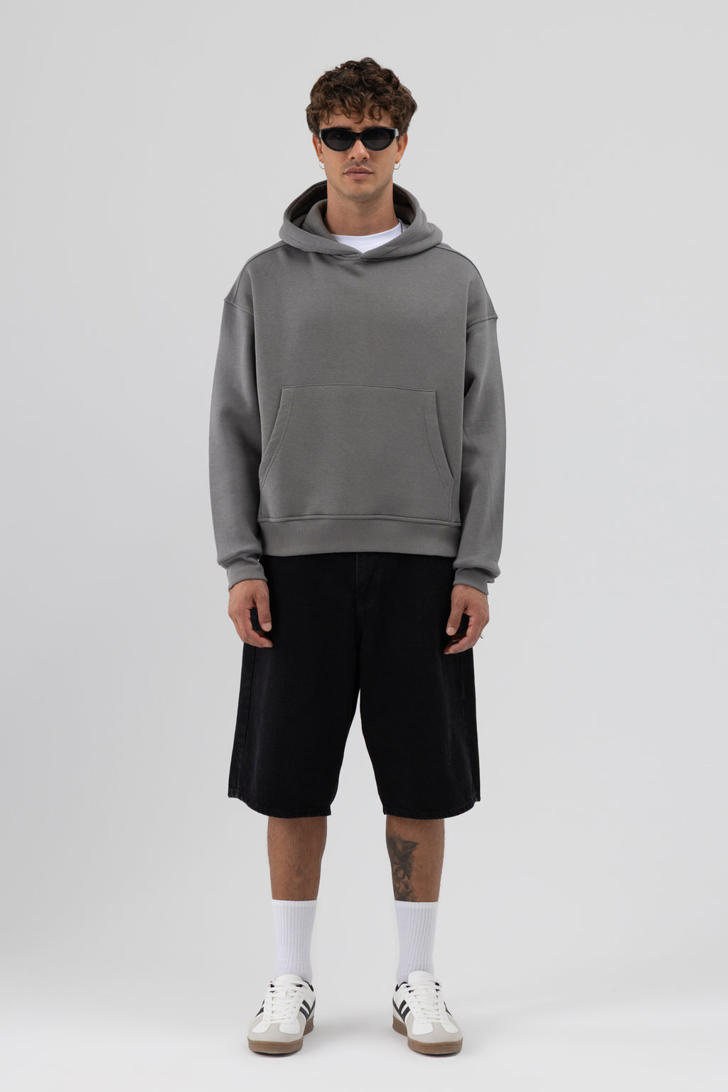 Basic Kapüşonlu Boxy Fit Sweatshirt Füme