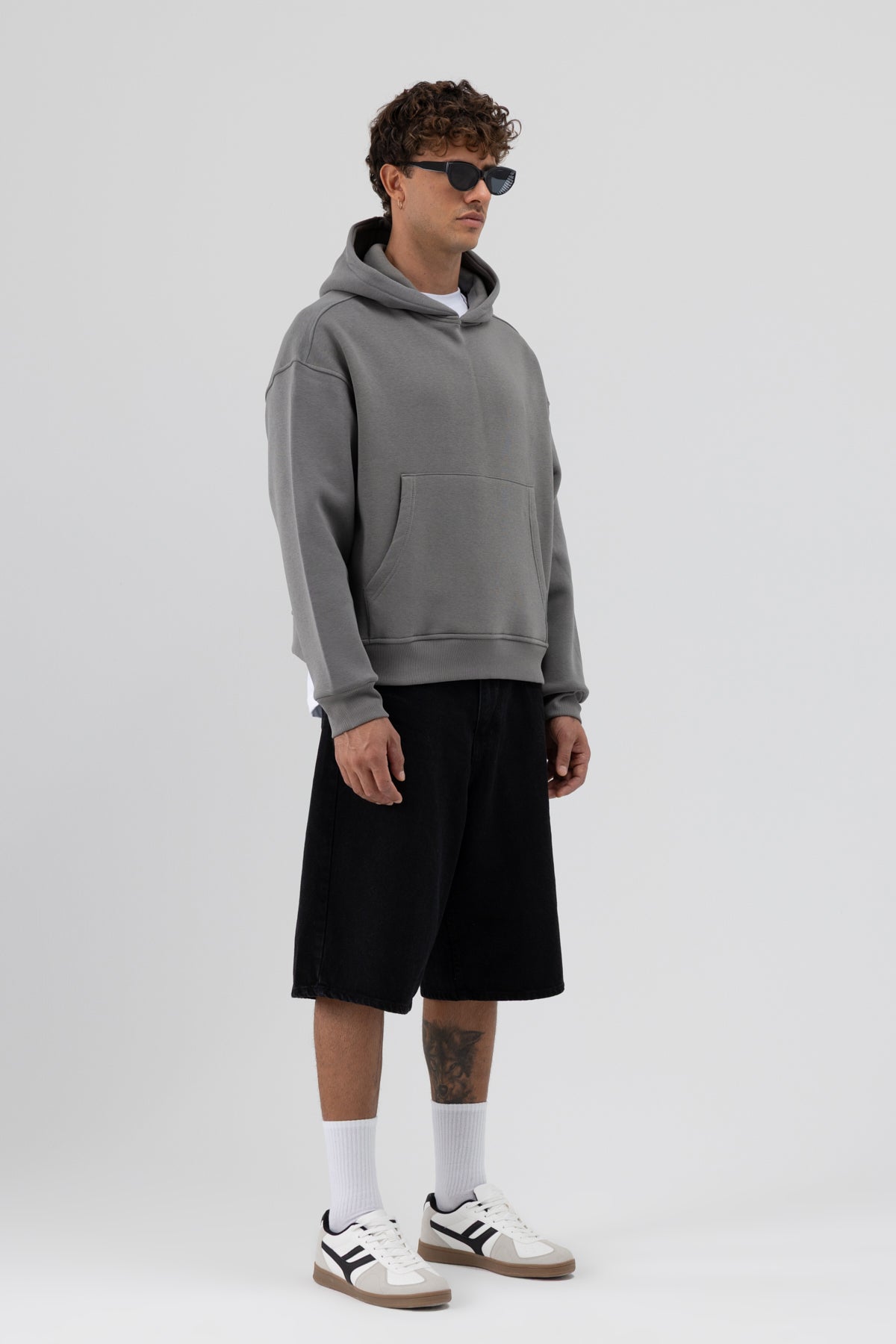 Basic Kapüşonlu Boxy Fit Sweatshirt Füme