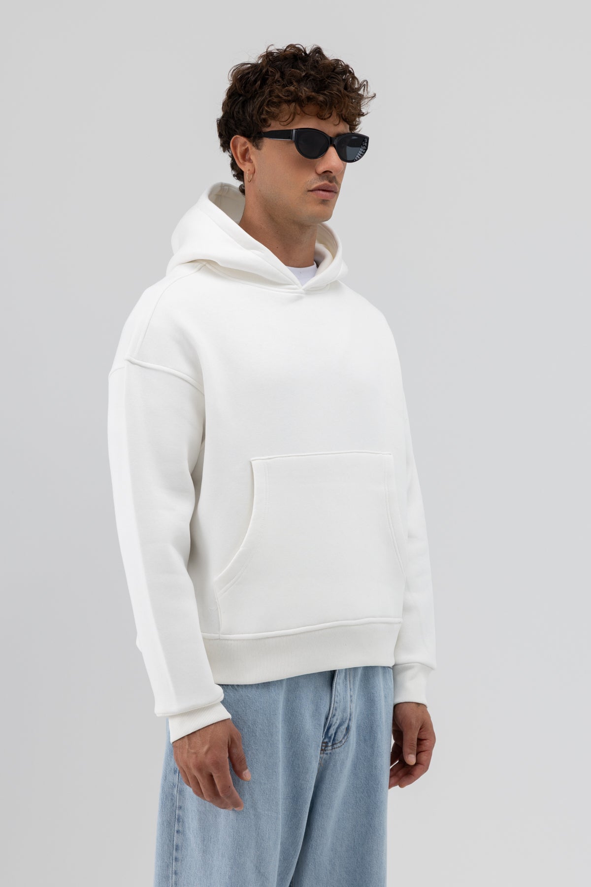 Basic Kapüşonlu Boxy Fit Sweatshirt Ekru
