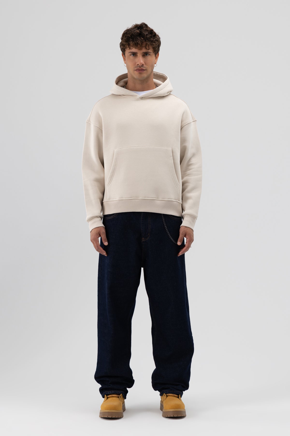 Basic Kapüşonlu Boxy Fit Sweatshirt Taş