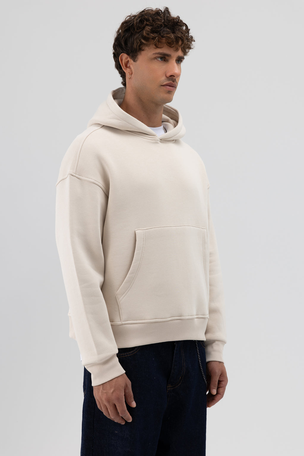 Basic Kapüşonlu Boxy Fit Sweatshirt Taş