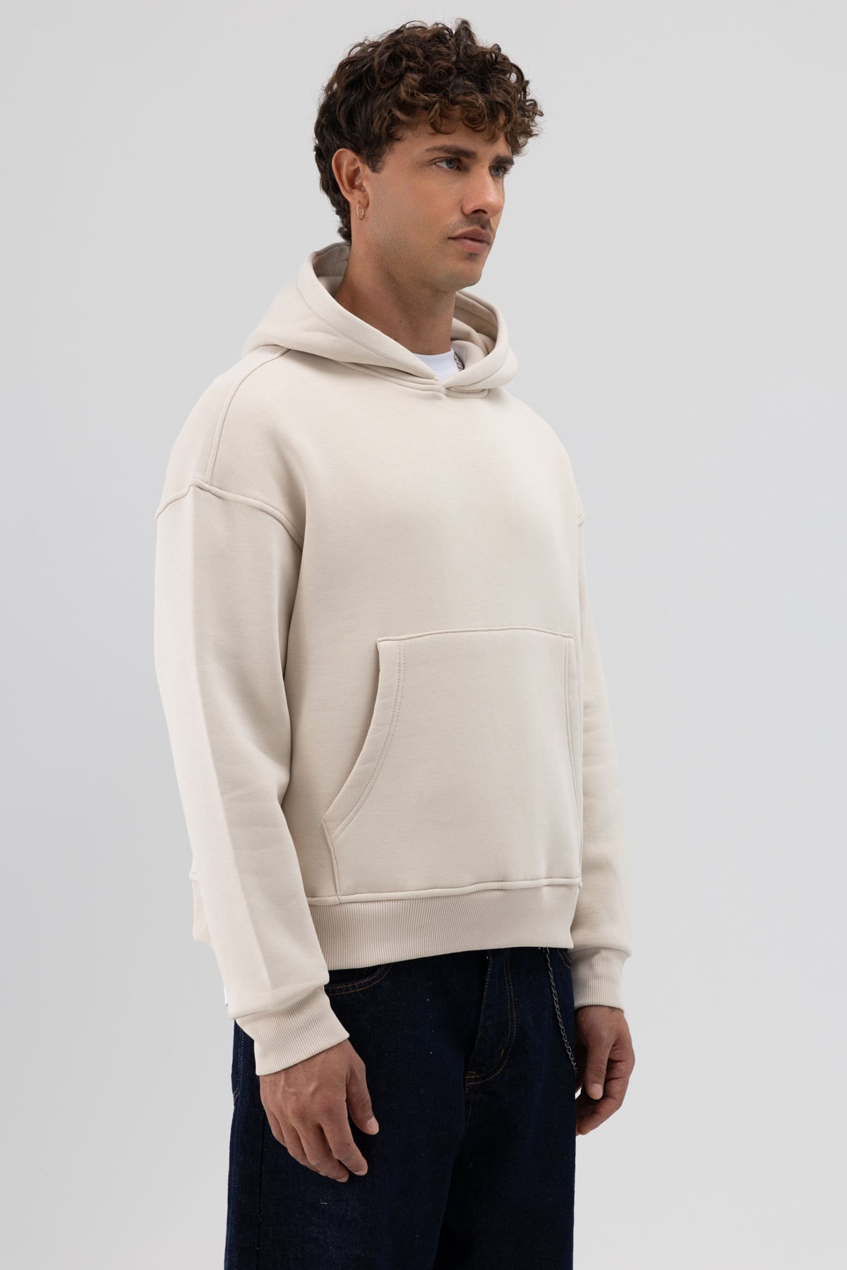 Basic Kapüşonlu Boxy Fit Sweatshirt Taş