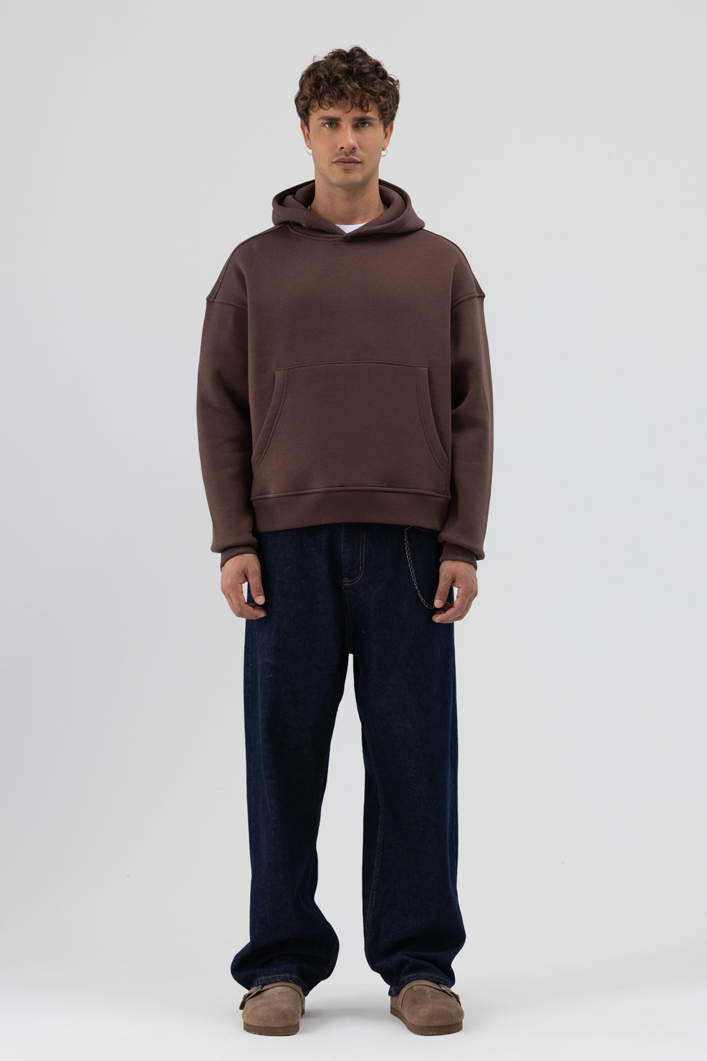 Basic Kapüşonlu Boxy Fit Sweatshirt Kahve