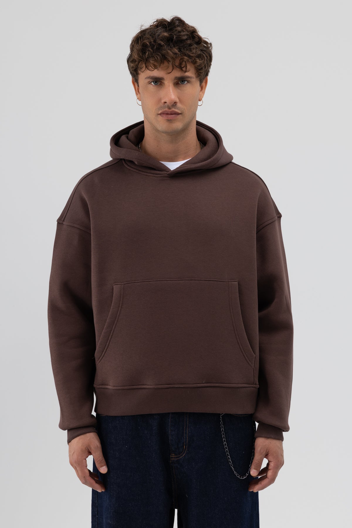 Basic Kapüşonlu Boxy Fit Sweatshirt Kahve