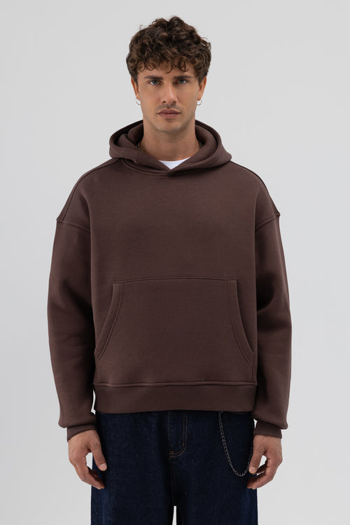 Basic Kapüşonlu Boxy Fit Sweatshirt Kahve
