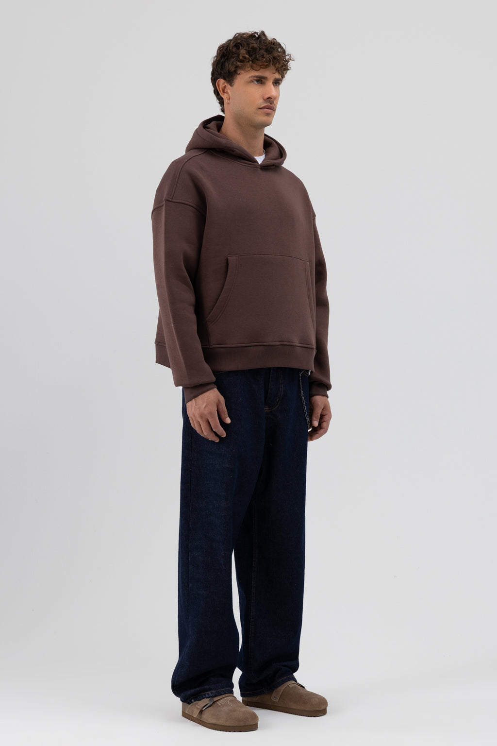 Basic Kapüşonlu Boxy Fit Sweatshirt Kahve