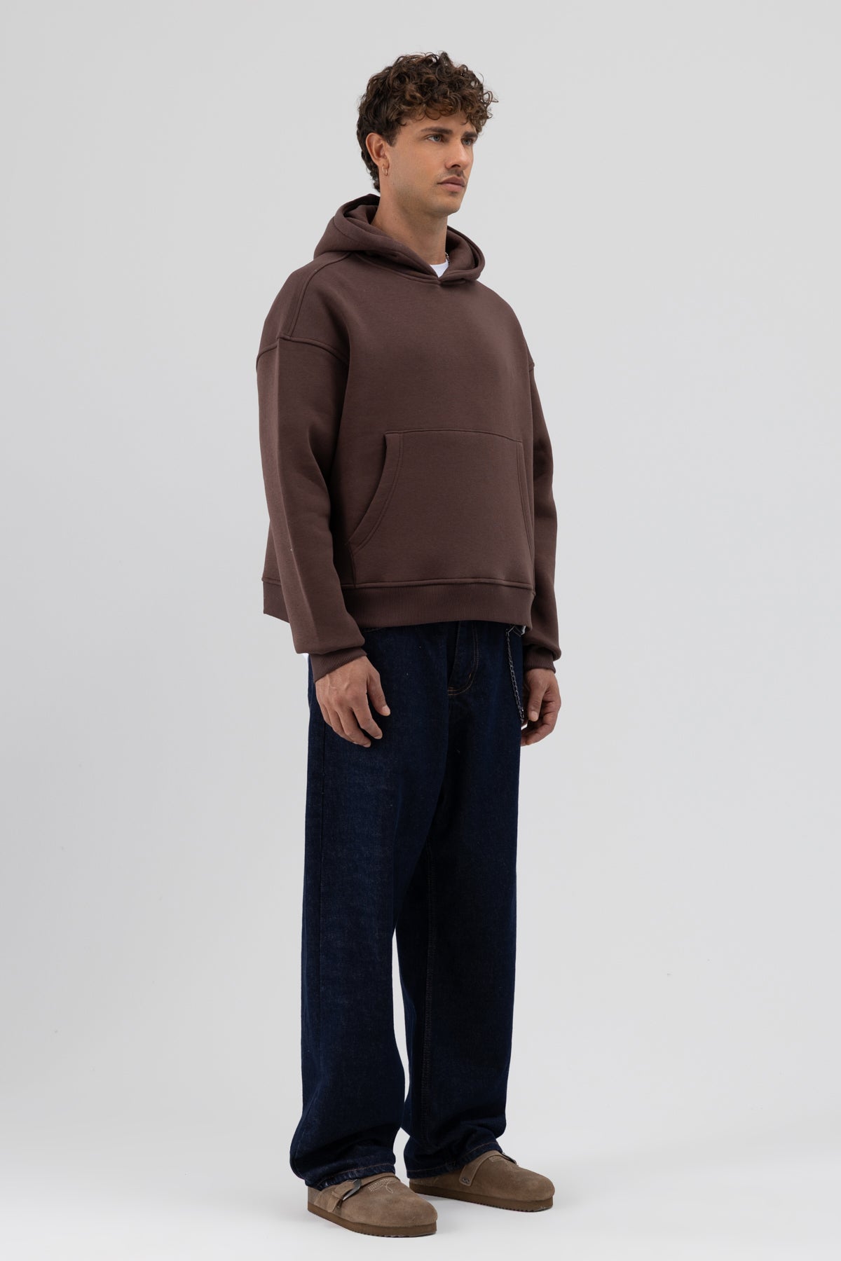 Basic Kapüşonlu Boxy Fit Sweatshirt Kahve