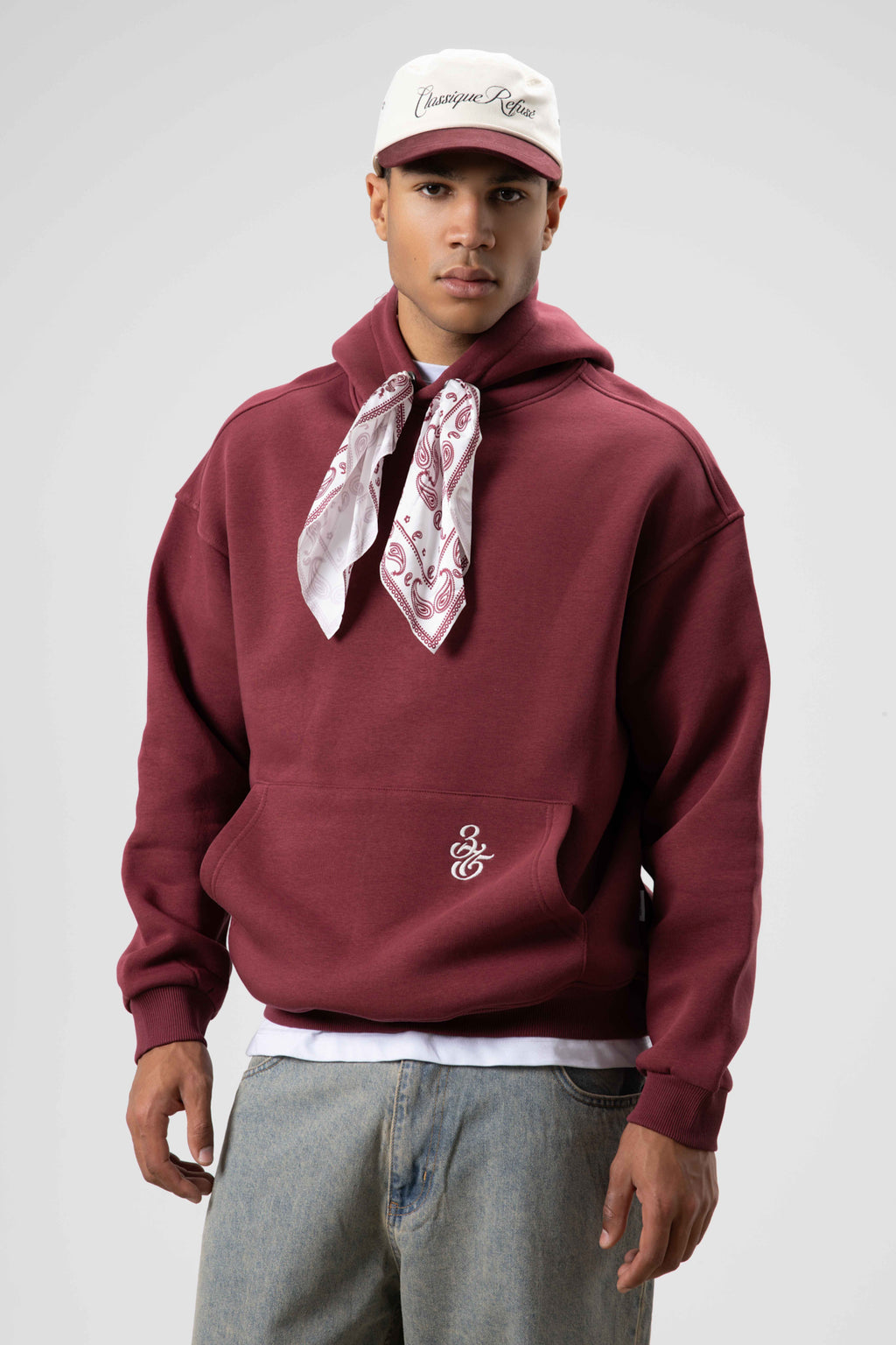 Oversize Fular Detaylı Kapüşonlu Sweatshirt Bordo