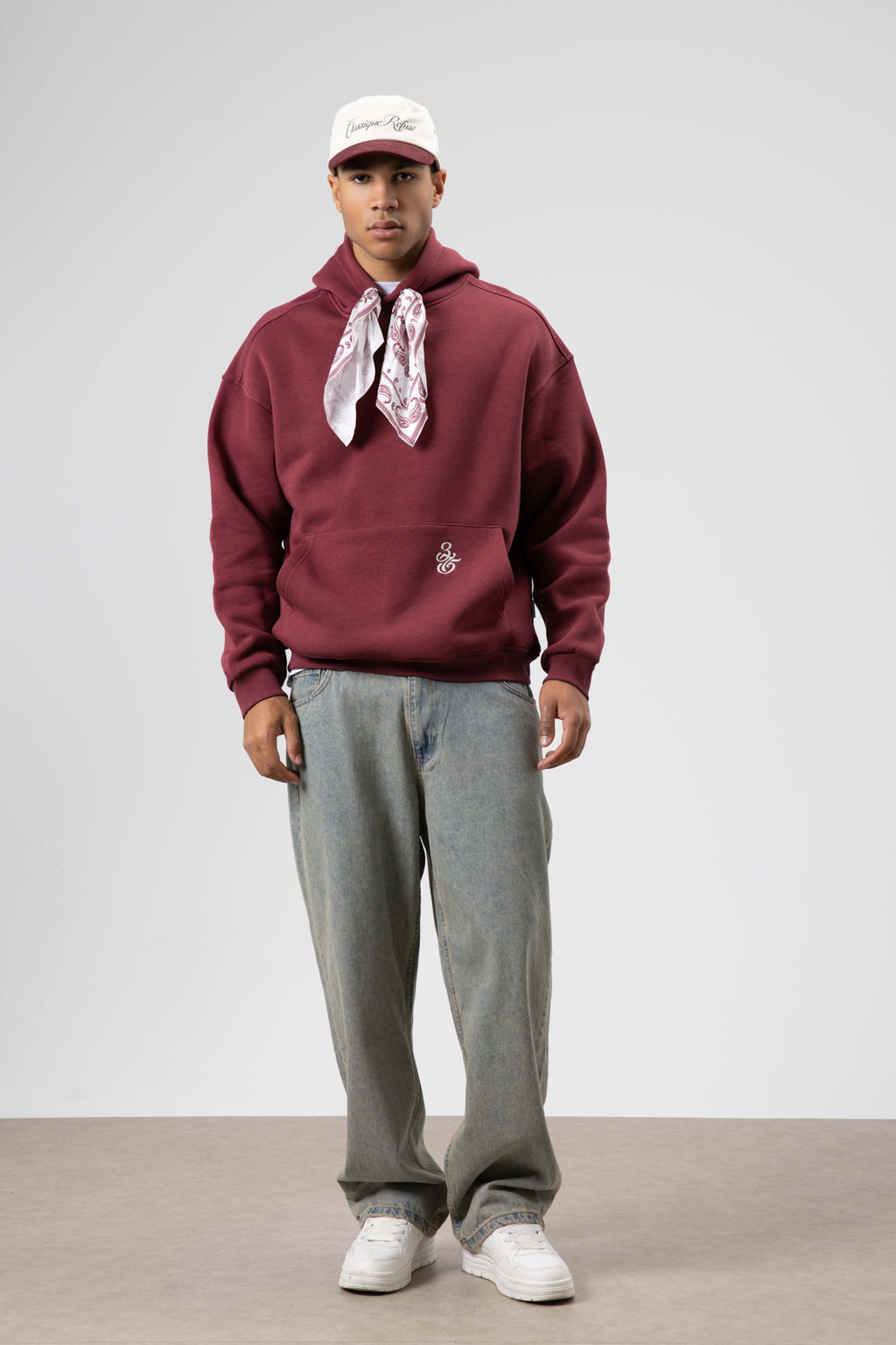 Oversize Fular Detaylı Kapüşonlu Sweatshirt Bordo