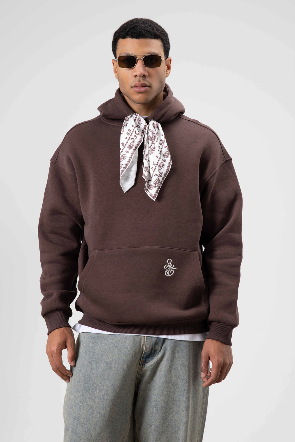 Oversize Fular Detaylı Kapüşonlu Sweatshirt Kahve